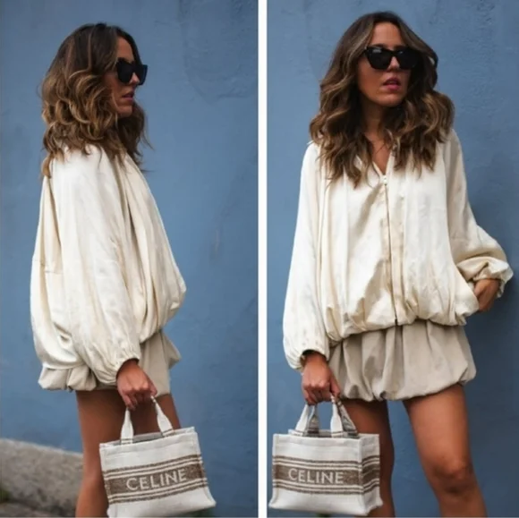 ZARA NWT Satin Bomber Jacket Puffed ZW Collection Cream Size M - Picture 3 of 16